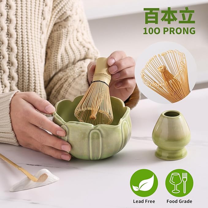 Matcha Whisk Set, Ceramic Matcha Set 8 Pcs, Matcha Kit Set Includes Matcha Bowl, Matcha Whisk and Holder, Bamboo Scoop and Rest, Sifter and Tea Towel, Ideal Gift for Family/Friend (Green)
