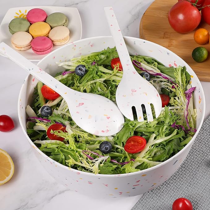 ECOWAY Melamine Salad Bowl with Bamboo Lid & Servers, Bamboo Fiber Salad Serving Bowl 4Qt, Salad Mixing Utensils with Tongs Spoon for Salad, Fruit, Soup, Vegetables, Pasta, Dessert Bowls, 9.84 Inches