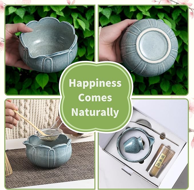 Matcha Whisk Set, Ceramic Matcha Set 8 Pcs, Matcha Kit Set Includes Matcha Bowl, Matcha Whisk and Holder, Bamboo Scoop and Rest, Sifter and Tea Towel, Ideal Gift for Family/Friend (Blue)