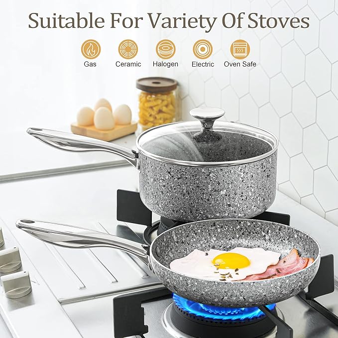MICHELANGELO Granite Frying Pan with Lid, Nonstick 12 Inch Frying Pan with Non toxic Granite Coating, Induction Compatible