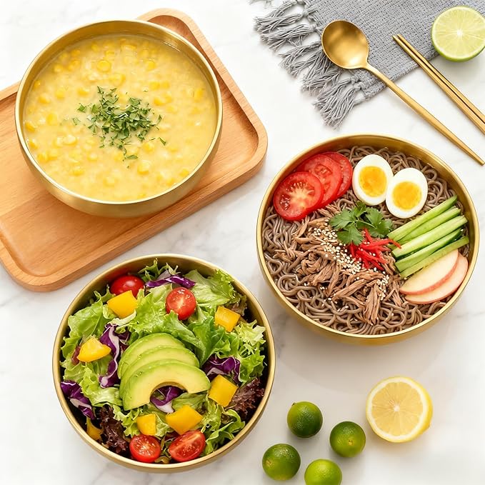 Frcctre 3 Pack 7.3 Inch Large Stainless Steel Bowls, 31 OZ Double Walled Insulated Bowls, Unbreakable Decorative Golden Bowl Serving Bowl for Salad Soup Noodle Friut Mixing, Dishwasher Safe