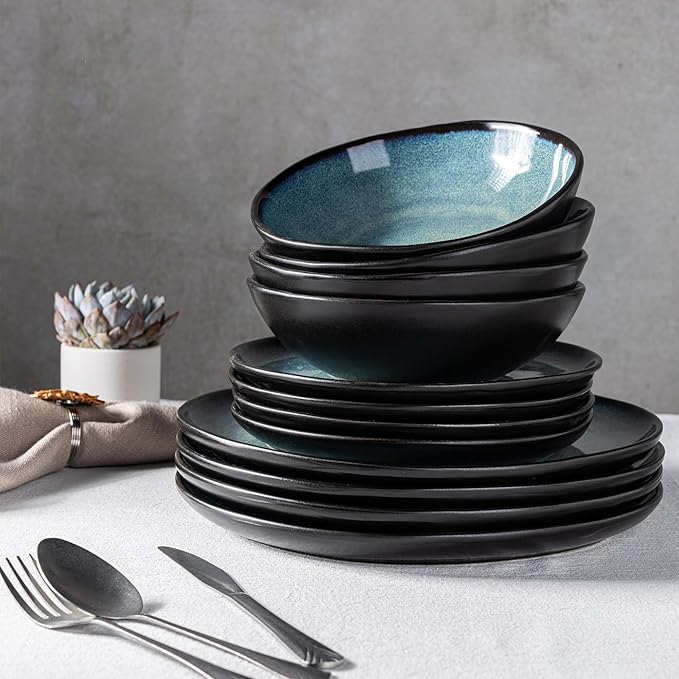 AmorArc Ceramic Dinnerware Sets,Handmade Reactive Glaze Stoneware Plates and Bowls Sets,Highly Scratch Resistant | Dishwasher & Microwave Safe Dishes Set,Service for 6 (18pc)