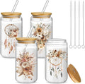 Mumufy 4 Pack Bridesmaid Gift Glass Cups, Cute Flower Mason Jars with Bamboo Lids & Straws, 16oz Iced Coffee Tumblers for Wedding, Bridal Party, Birthday, Mother's Day(Brown Spring)