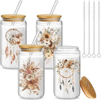 Mumufy 4 Pack Bridesmaid Gift Glass Cups, Cute Flower Mason Jars with Bamboo Lids & Straws, 16oz Iced Coffee Tumblers for Wedding, Bridal Party, Birthday, Mother's Day(Brown Spring)