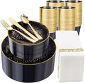 DaYammi 350PCS Clear Black and Gold Plastic Dinnerware Set for Party, Hammered Disposable Plates for Party, Include: 50 Dinner Plates, 50 Dessert Plates 150 Gold Silverware 50 Napkins 50 Cups
