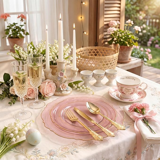 KIRE 210Pcs Clear Pink Plastic Plates with Gold Rim - Disposable Pink Plates&Silverware&Pink Cups&Hand Napkin - Plum Colored Plastic Dinnerware for Upscale Wedding/Party/Baby Shower/Mother's Day
