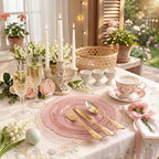 KIRE 210Pcs Clear Pink Plastic Plates with Gold Rim - Disposable Pink Plates&Silverware&Pink Cups&Hand Napkin - Plum Colored Plastic Dinnerware for Upscale Wedding/Party/Baby Shower/Mother's Day