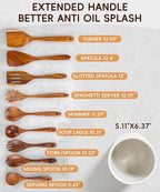 Nucookery Wooden Cooking Utensils Set with Holder, Teak Wood Utensils, Ceramic Holder for Countertop with Protection Cork Bottom, Nonstick Spoons, Cooking Spatula Set, 10 Pcs Kitchen Decor, (Sand)