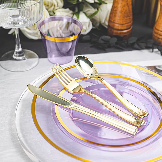 N9R 600PCS Disposable Plastic Plates, Purple Plastic Dinnerware Set Includes 100 Dinner Plates, Dessert Plate, Cups, Spoons, Forks, Knives for 100 Guests, Perfect for Party, Wedding, Birthday