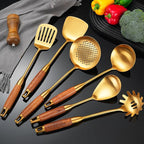 Gold Kitchen Utensils Set with Wooden Handle, 6 PCS Professional Stainless Steel Cooking Utensils Set, Wok Spatula, Ladle, Skimmer, Slotted Spatula Turner, Spaghetti Spoon, Large Spoon
