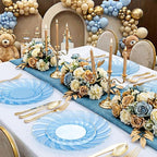 YOUBET 125PCS Clear Blue Gold Plastic Plates - Blue Disposable Plates With Gold Rim Include 25 Dinner Plates 25 Dessert Plates 75 Golden Silverwares for Wedding Birthday & Parties