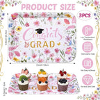 Vesici 3 Pcs Wildflower Graduation Serving Trays 13 x 10 Inch Pink Floral Class of 2026 Congrats Grad Melamine Platters Reusable Rectangular Serving Dishes for Graduate Party Snack Fruit Dessert Candy