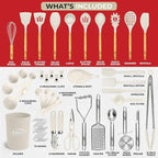 Kaluns 50 PCS Silicone Kitchen Utensils Set Complete Kitchen Set - 800°F Heat Resistant Non-Stick Premium Cooking Utensils W Wooden Handles - Can Opener, Masher, Turner, Silicone Spatula Set