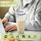 Glass Cups with Lids and Straws 40 oz Glass Tumbler with Straw and Lid 2 Pack Glass Tumbler with Handle Wide Mouth Iced Coffee Cups for Smoothies, Soda, Tea, with Acrylic Lids