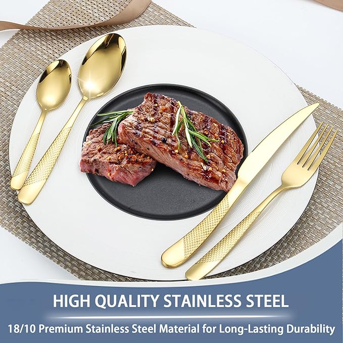 Gold Silverware Set,24 Piece Gilded Silverware Set Rack Service for 6，Mirror Polished Cutlery Utensil Set,Home Kitchen Eating Tableware Set,Include Fork Knife Spoon Holder Set,Dishwasher Safe…