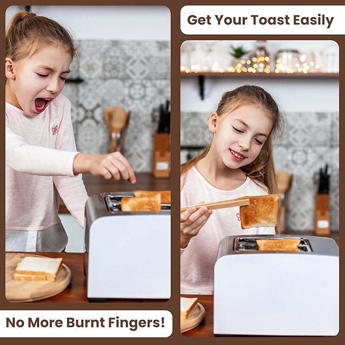 Wooden Toaster Tongs 2 PCs | Bamboo Kitchen Utensils For Cooking & Holding Toast Bacon Muffin Fruits, Pickles, Cheese Bagel Bread Ultra Grip | 9 Inch Long Natural Toxic Free