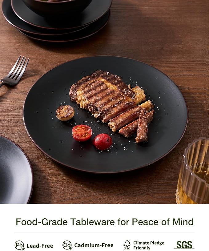 Famiware Venus Stoneware Dinnerware Sets with Trim, 24-Piece Modern Dishes Set for 6, Matte Black - Includes Pasta Bowls & Dinner Plates for Everyday Meals & Formal Dining, Microwave & Dishwasher Safe