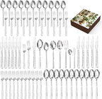 KINGSTONE 65 Piece Hammered Silverware Set with Serving Utensils, 18/10 Stainless Steel Flatware Set for 8, Cutlery Set for Home, Party, Wedding, Mirror Polished Dishwasher Safe