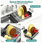 MERRYBOX Stainless Steel Dish Drying Rack, Expandable Dish Drainers for Kitchen Sink, Non-Slip & Durable - Sink Dish Rack with Large Cutlery Holder (Adjustable 15.4" to 23" cm)