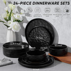 E-far 24-Piece Black Plates and Bowls Sets with Pasta Bowls - Stoneware Dinnerware Set for 6, Modern Ribbed Matte Black Kitchen Dishes, Microwave & Dishwasher Safe