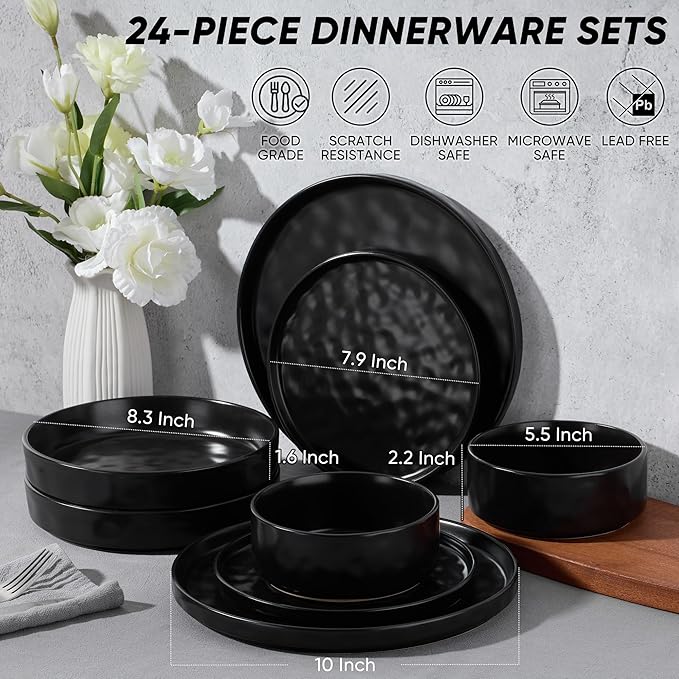 E-far 24-Piece Black Plates and Bowls Sets with Pasta Bowls - Stoneware Dinnerware Set for 6, Modern Ribbed Matte Black Kitchen Dishes, Microwave & Dishwasher Safe