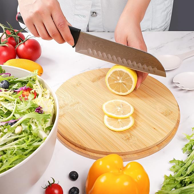 ECOWAY Bamboo Fiber Salad Bowl Set with Lid & Servers, 4Qt Large Serving Bowl with Bamboo Lid, 130OZ Mixing Bowl with Spoon Fork for Salad Fruits Vegetables and Pasta (White, 9.8inch)