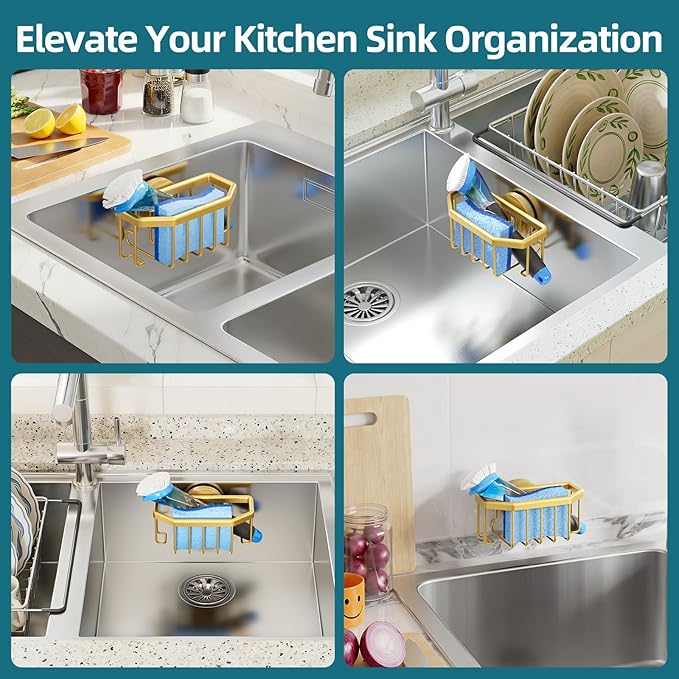 TAILI Sink Caddy with Strong Suction Cup, Sponge Holder for Kitchen Sink Organizer, Removable Sponge Caddy Inside Sink, Rustproof Aluminum Holder for Sponges, Brushes - Gold