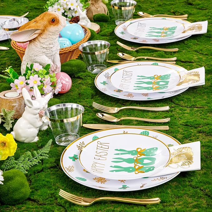 Hioasis 175pcs Easter Plastic Plates, Bunny Plastic Disposable Dinnerware Set Include 25 Dinner Plates, 25 Dessert Plates, 25 Forks, 25 Knives, 25 Spoons, 25 Napkins，25 Cups Perfect for Easter Party