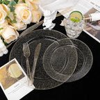 DaYammi 210PCS Gold Glitter Plastic Dinnerware Set for 30 Guests, Fancy Disposable Plates for Party, Include: 30 Dinner Plates, 30 Dessert Plates, 30 Pre Rolled Napkins with Gold Silverware, 30 Cups