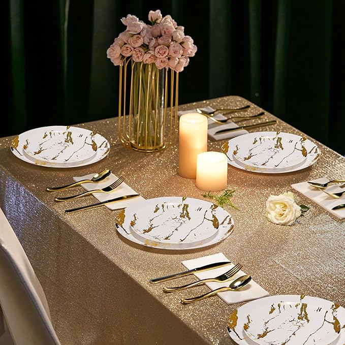 JOLLY PARTY 180PCS Disposable Dinnerware Set 30 Guest, 60 White and Gold Plastic Plates, 30 Plastic Silverware, 30 Cups, Marble Design Disposable Dinnerware for Wedding, Thanksgiving and Parties