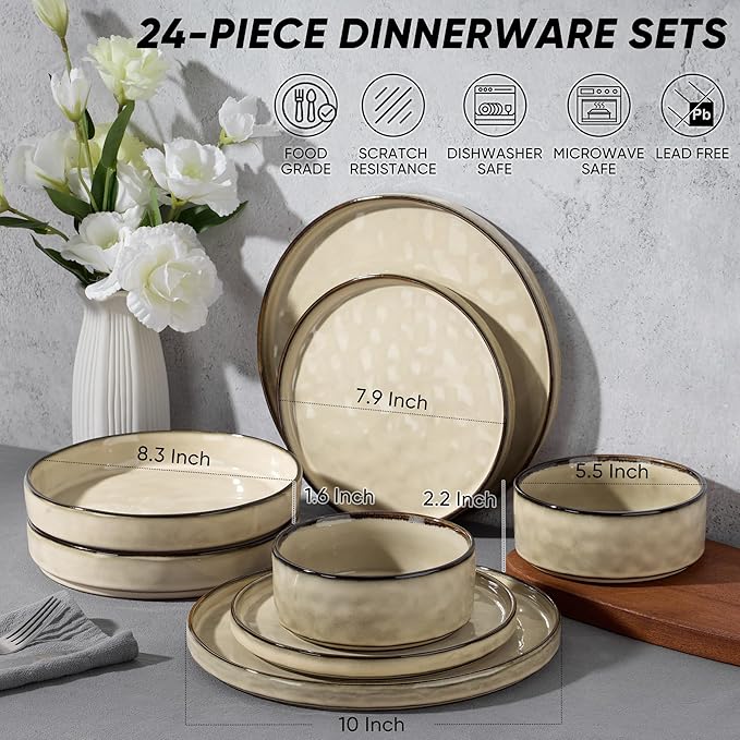 E-far 24-Piece Plates and Bowls Sets with Pasta Bowls - Stoneware Dinnerware Set for 6, Modern Ribbed Dishes, Microwave & Dishwasher Safe, Sandy Khaki