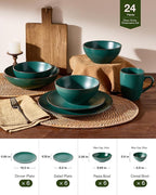 Famiware Venus 24-Piece Stoneware Dinnerware Set for 6 - Includes Pasta Bowls & Dinner Plates with Trim, Dishes for Everyday & Formal Use, Chip Resistant, Microwave & Dishwasher Safe, Matte Dark Green