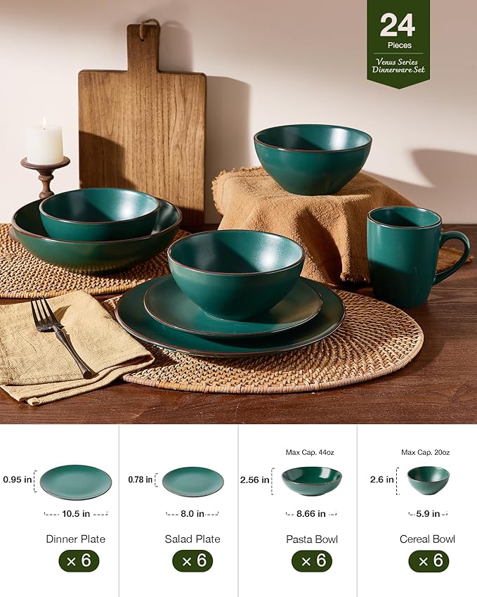 Famiware Venus 24-Piece Stoneware Dinnerware Set for 6 - Includes Pasta Bowls & Dinner Plates with Trim, Dishes for Everyday & Formal Use, Chip Resistant, Microwave & Dishwasher Safe, Matte Dark Green
