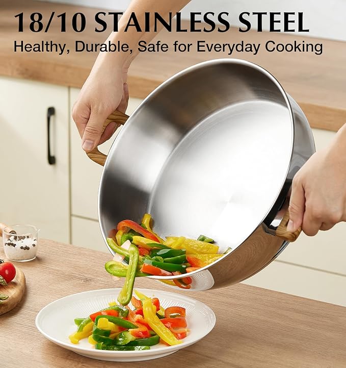 KOCH SYSTEME CS Stainless Steel Saute Pan with Lid, 12 Inch Deep Frying Pan with Double Handles, 5.5 Quart 18/10 Stainless Steel Pan with Cool-Touch Bakelite Handle, Deep Frying Pan, Induction Ready