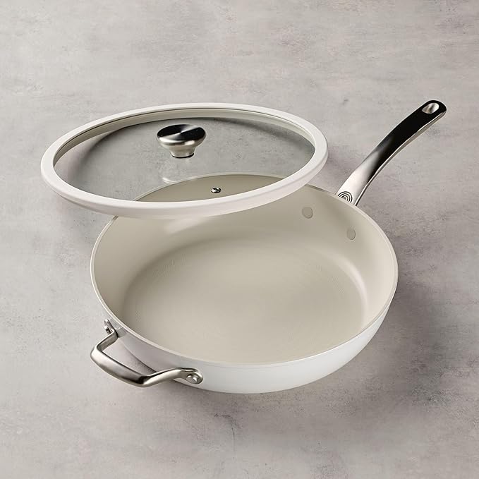 Circulon Halo with LaserDefense Ceramic Nonstick Frying Pan with Helper Handle and Lid, Made without PFAS, Compatible with All Stovetops, Dishwasher and Oven Safe, 12 Inch Skillet - Pearl White