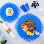 Bestluck 350 PCS Blue and Gold Plastic Plates, Disposable Dinnerware Set for 50 Guests, 100 Disposable Plates, 150 Silverwares, 50 Cups, 50 Napkins for Wedding, Party, Graduation