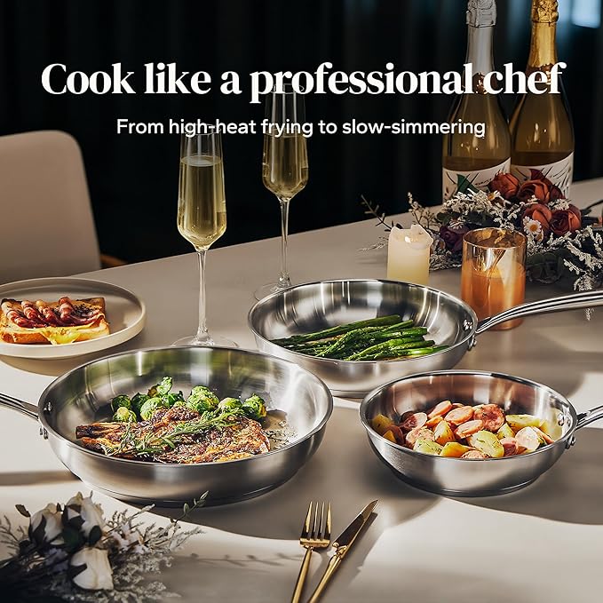 Redchef Large Stainless Steel Frying Pan, Heavy Duty Uncoated Skillet for Searing Steak, Induction Ready Cookware with Even-Heat Base, Oven Safe & Dishwasher Safe, 11 Inch