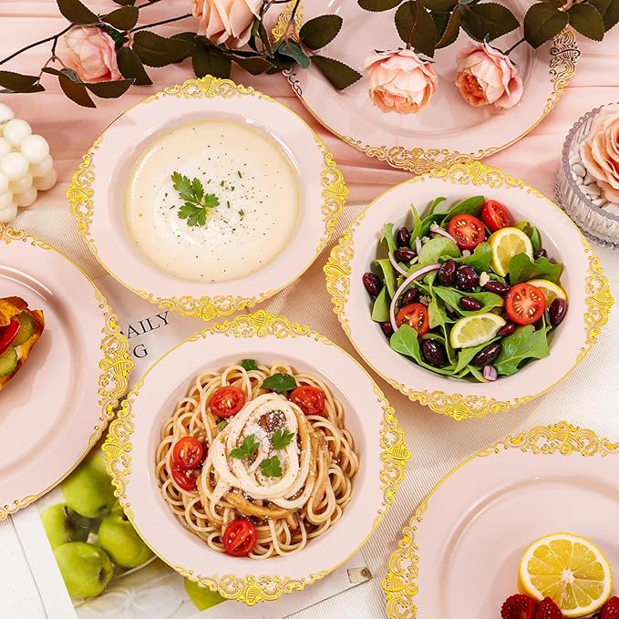 100PCS Pink Plastic Bowls - 12 oz Pink Gold Disposable Salad Bowls - Heavy Duty Soup Bowl - Fancy Plastic Ice Cream Bowl for Weddings Parties Dinners Picnics Mother‘s Day