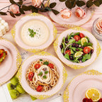 100PCS Pink Plastic Bowls - 12 oz Pink Gold Disposable Salad Bowls - Heavy Duty Soup Bowl - Fancy Plastic Ice Cream Bowl for Weddings Parties Dinners Picnics Mother‘s Day