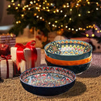 Boho Large Serving Bowls, 10.2 Inch Fruit Salad Bowls, Decorative Serving Dishes for Entertaining, 80 OZ Pasta Bowls Set of 2, Vibrant Colorful Soup Bowls for Party, Home Decor, Bohemian Style Gift