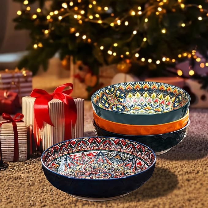 Boho Large Serving Bowls, 10.2 Inch Fruit Salad Bowls, Decorative Serving Dishes for Entertaining, 80 OZ Pasta Bowls Set of 2, Vibrant Colorful Soup Bowls for Party, Home Decor, Bohemian Style Gift