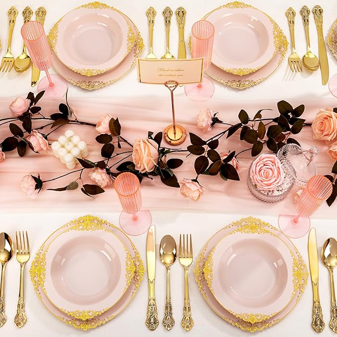 100PCS Pink Plastic Bowls - 12 oz Pink Gold Disposable Salad Bowls - Heavy Duty Soup Bowl - Fancy Plastic Ice Cream Bowl for Weddings Parties Dinners Picnics Mother‘s Day