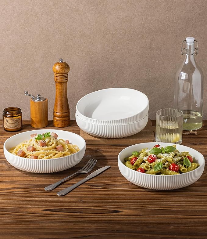 theterra 8.5'' Ceramic Pasta Bowls, Salad Bowls Set of 4, Stoneware Serving Bowls for Fruits, Noodle, Dinner, House-warming Wedding Present, Bright White