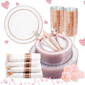 Liacere 350PCS Rose Gold Plastic Plates-Clear Rose Disposable Plates 50 Guests include 50 Dinner Plates,50 Salad Plates,50 Forks,50 Knives,50 Spoons,50 Cups,50 Napkins for Wedding & Mothers Day