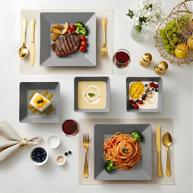 TP 12-Piece Melamine Dinnerware Sets, Plates and Bowls Dishes Set for 4, Break-Resistant & Non-Microwavable, Lightweight Square Dinner Plates, Grey