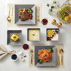 TP 12-Piece Melamine Dinnerware Sets, Plates and Bowls Dishes Set for 4, Break-Resistant & Non-Microwavable, Lightweight Square Dinner Plates, Grey