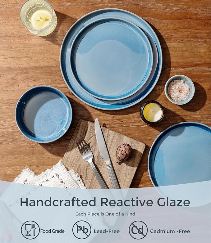 GBHOME 12-Piece Stoneware Dinnerware Set for 4 – Ribbed Ceramic Plates and Bowls, Scratch-Resistant, Microwave & Dishwasher Safe, Reactive Glaze, Alaskan Blue