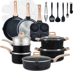 Sweetcrispy Pots and Pans Set, 25 Pcs Nonstick Cookware Set, Induction Kitchen Cooking Set, Non-Toxic Frying Pans & Saucepans (PFOA/PFOS Free) Black