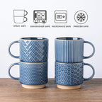 GBhome 15OZ Stackable Coffee Mugs, Ceramic Coffee Cups with Texture Patterns for Man,Woman,Dad,Mom, Modern Mugs Set of 4 for Latte/Cappuccino/Cocoa. Dishwasher&Microwave Safe, Blue