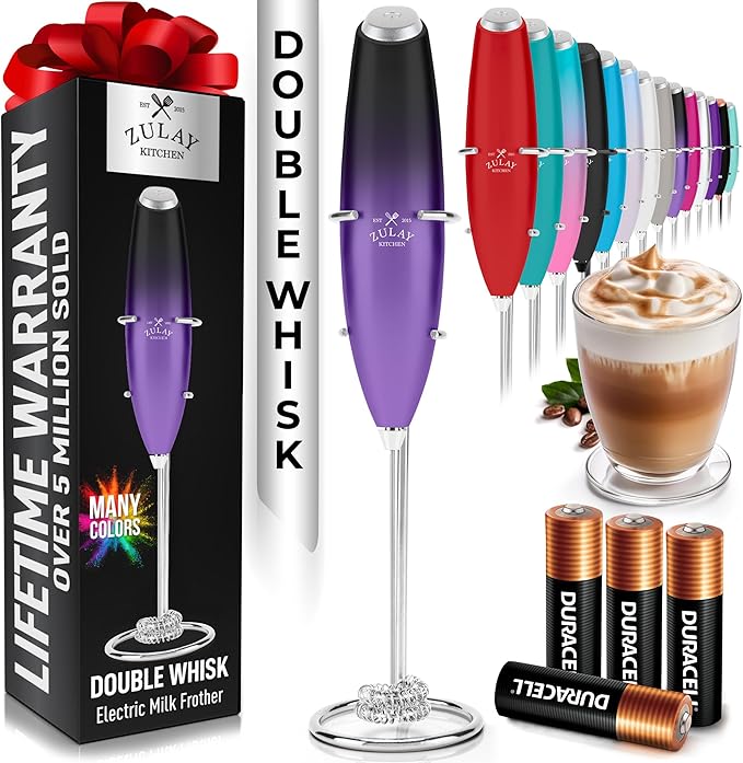 Zulay Kitchen Whisk Milk Frother with 4 Duracell Batteries - Powerful Handheld Foam Maker for Coffee, Lattes, Matcha, Hot Chocolate & Cappuccinos - Whip Creamy Froth in Seconds